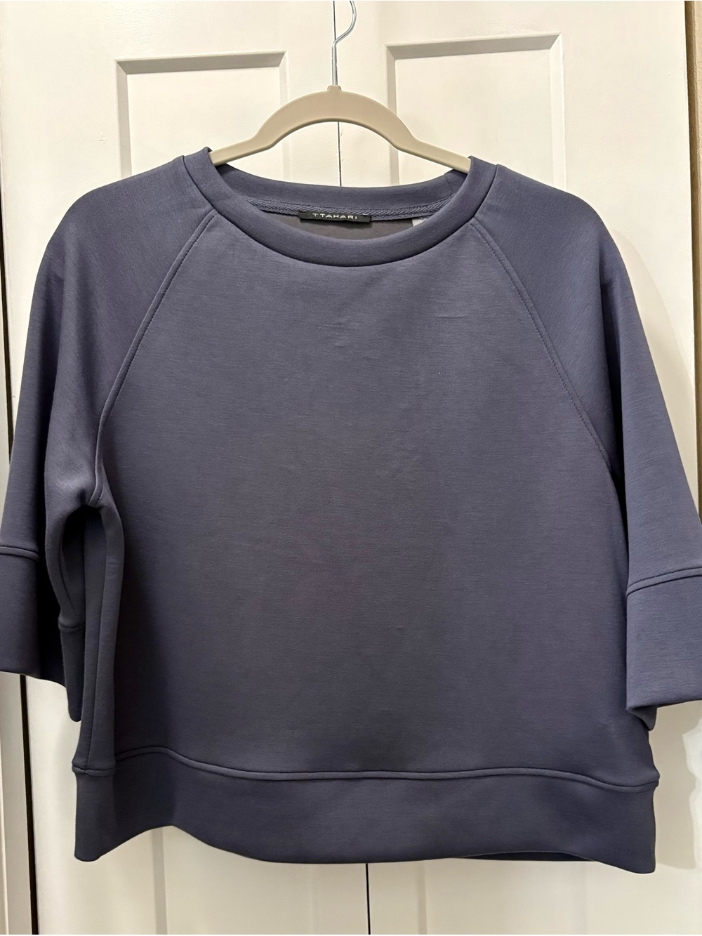 T Tahari Slate Blue Boxy Crewneck Scuba Sweatshirt SP - Picture 1 of 5